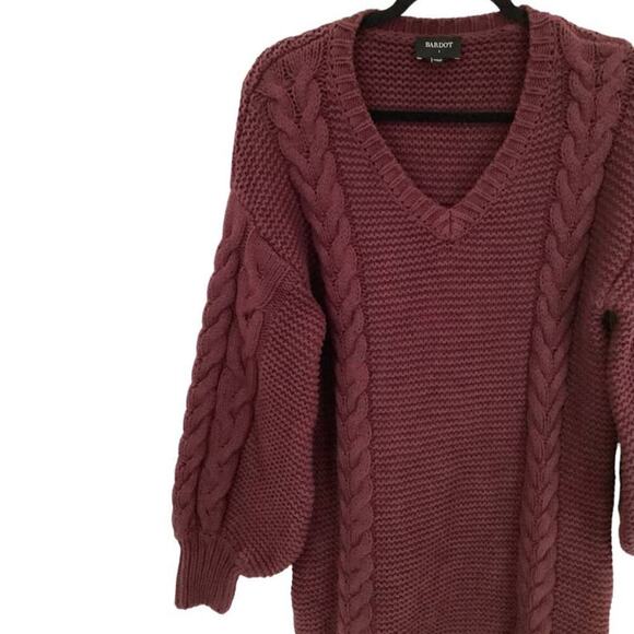 Bardot Bell Knit Dress In Burgundy Balloon Sleeves Cable Knit V Neck Size Small - Picture 6 of 11